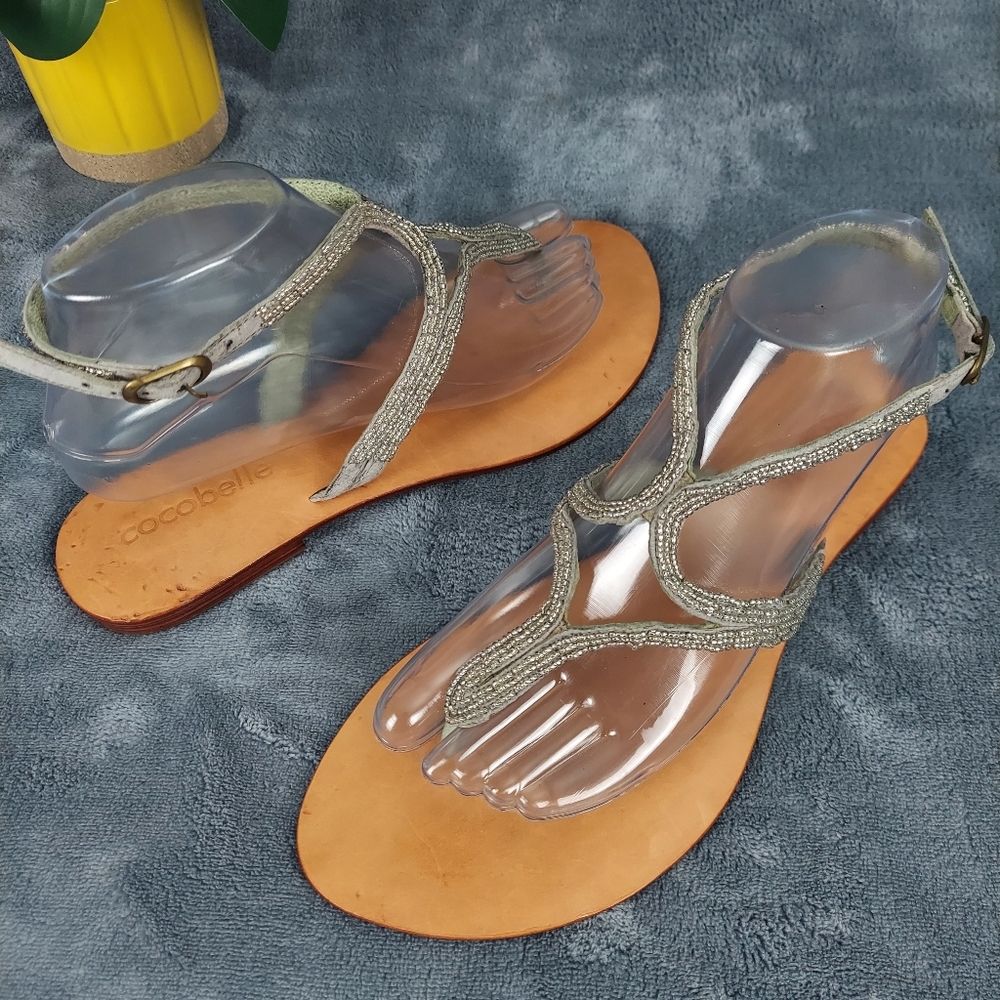 Leather Sole Flat Sandals With Silver Straps. Womens Sz 10